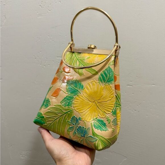 Handmade Genuine Leather Floral Embossed Top Handle Purse & 2 Chain Styles - Picture 8 of 15